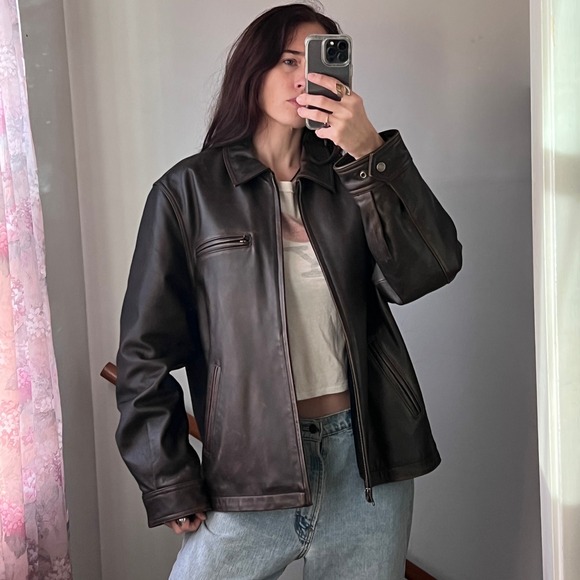 Vintage Brown Leather Bomber Jacket Faded Distressed Oversized Full Zip